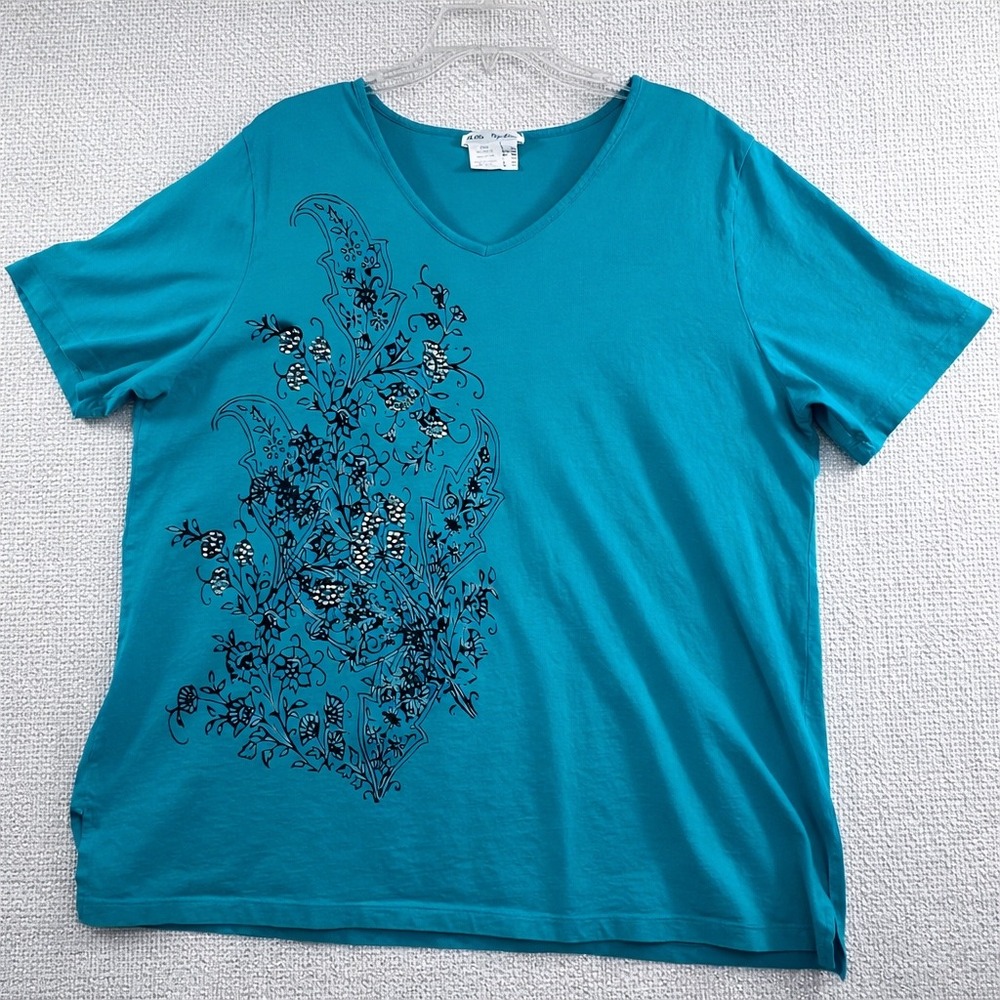 Ulla Popken Women's Teal Graphic V Neck Tee Plus Size 16/18 Cotton